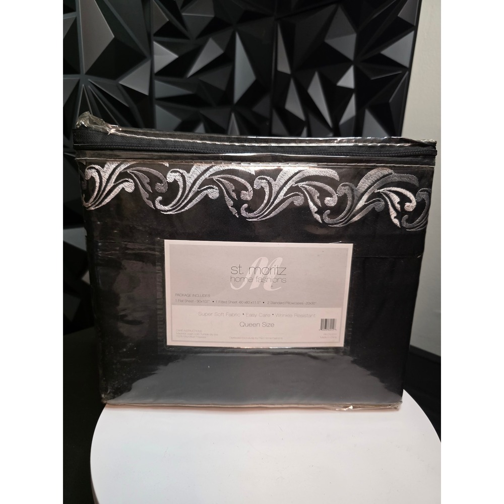 4 Piece New Queen Sheet Set Black Silver Embroidered by St Moritz Home Fashions